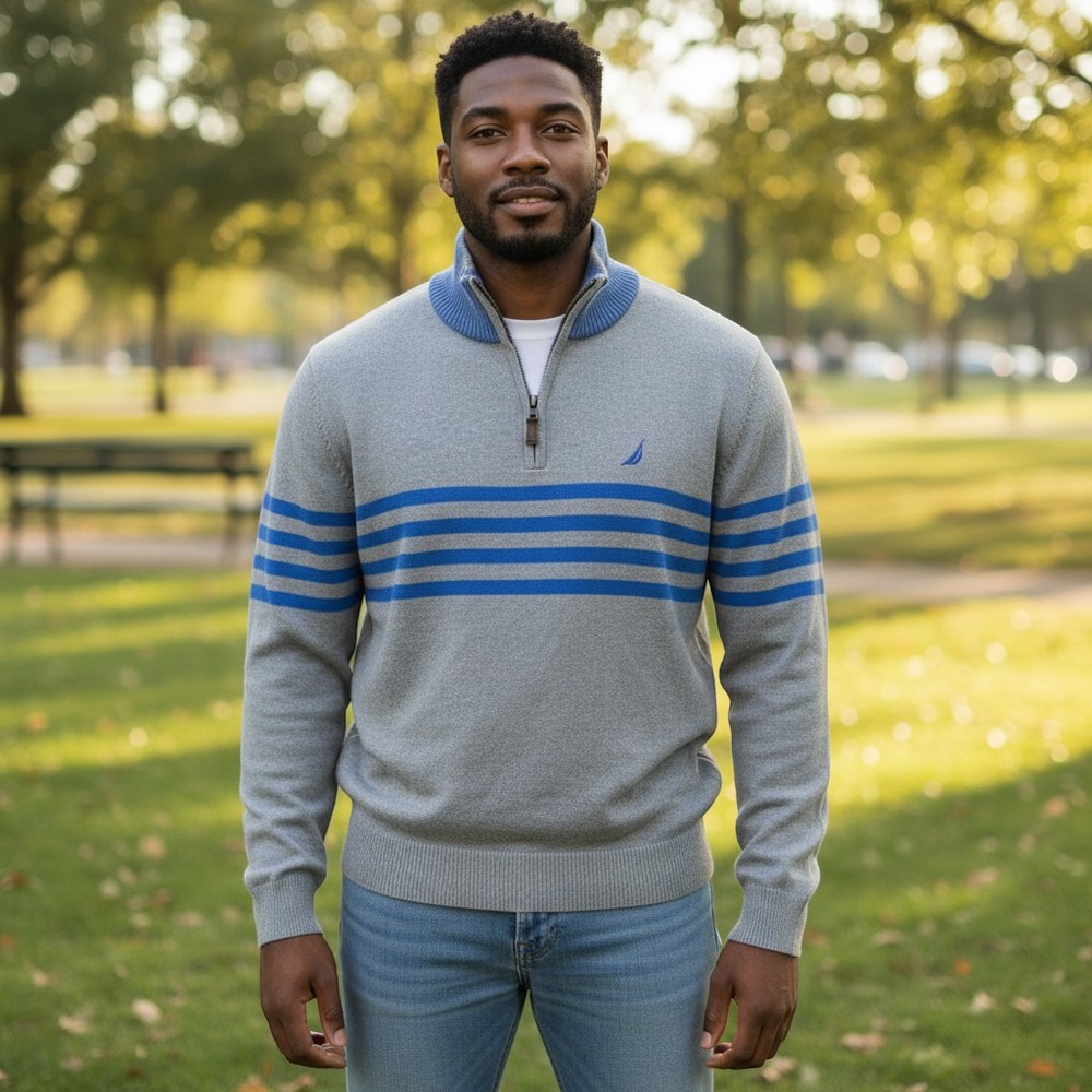 Nautica Sweater Medium Grey Blue Excellent Quarter Zip Striped Cotton Pullover